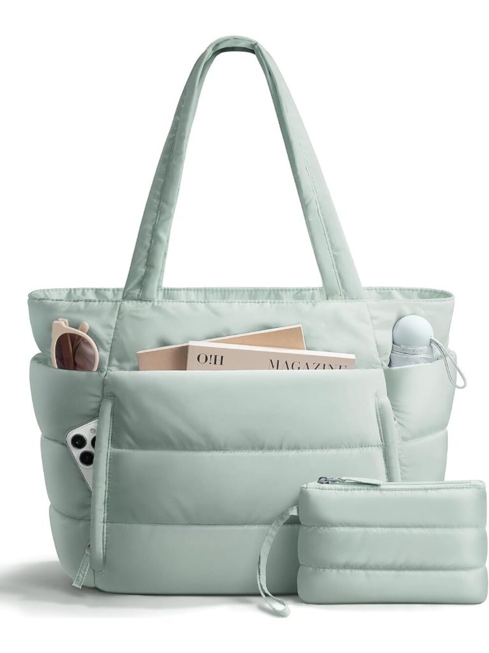 👜Women's Mint Green Puffer Tote Bag 16 Pockets Work Gym Travel Laptop Handbag